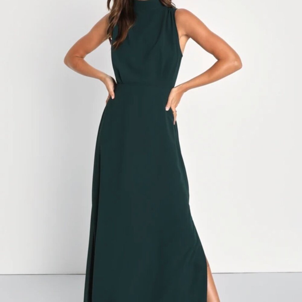 Classic Elegance Emerald Chiffon Sleeveless Mock Neck Maxi Dress